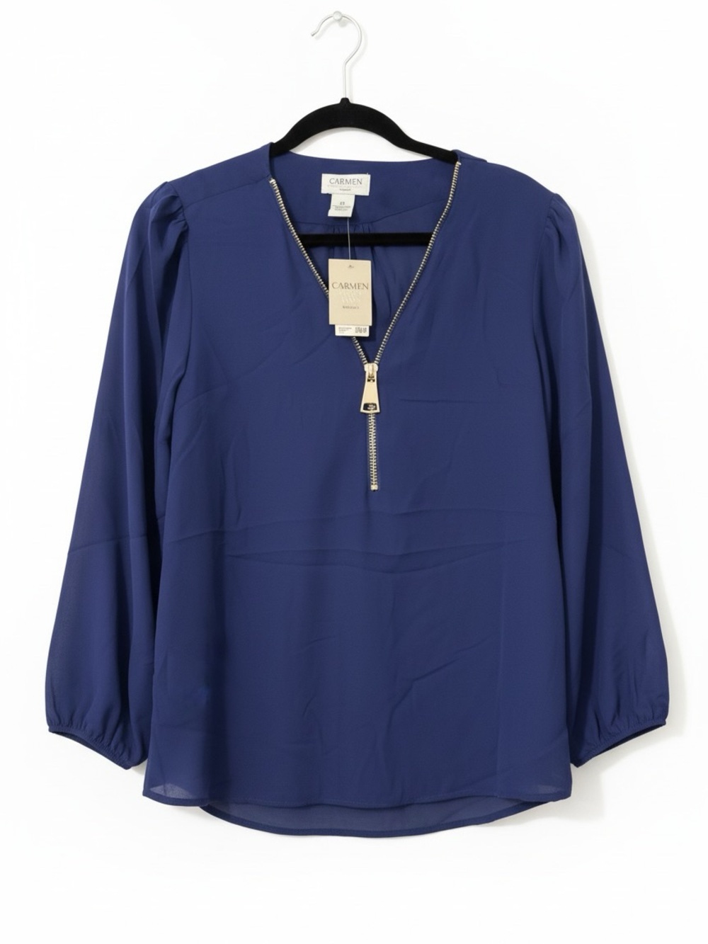 NWT Carmen Marc Valvo Navy Blue Front Zip Blouse ptp 22 , l 26”